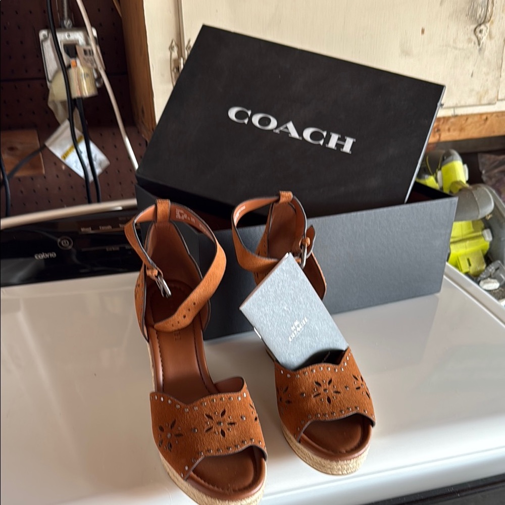 Coach Tan Sandals with Perforated Design and Slip-On Style